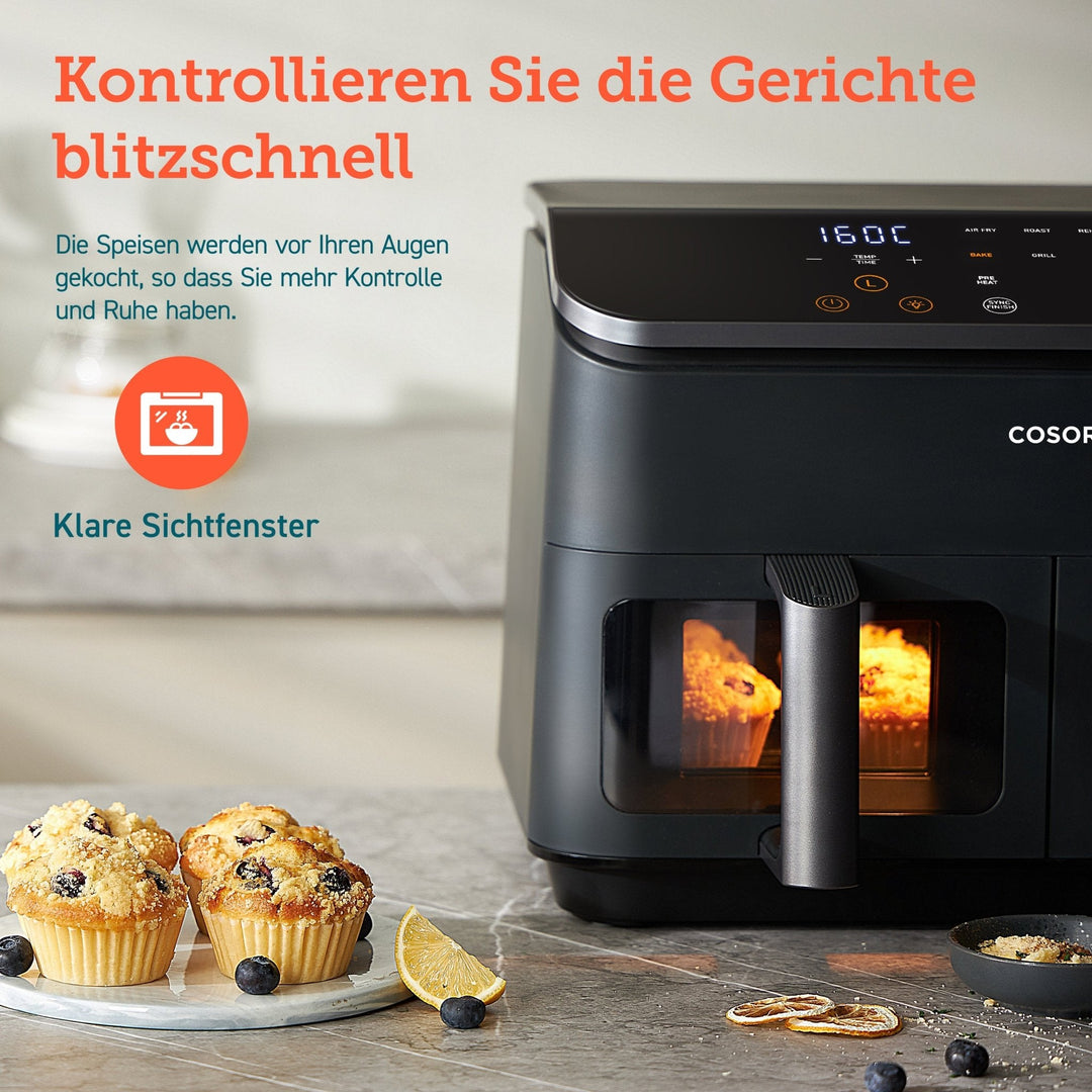 Getrennte Steuerung der beiden Garkörbe bei der COSORI Dual Basket Heißluftfritteuse